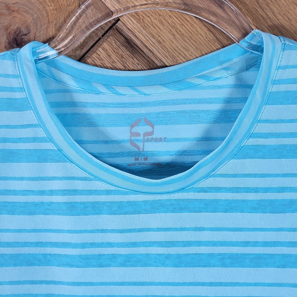 EP Sport Blue Striped Short Sleeve Activewear Shirt Size M Wrap Style Back - Picture 2 of 7